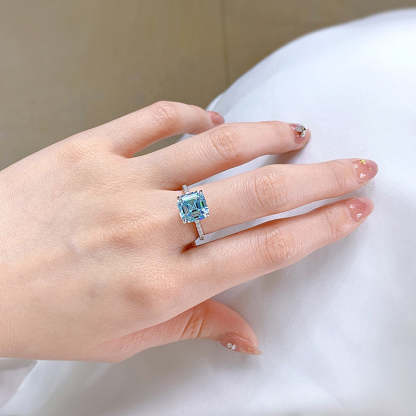 Dainty Ocean Blue Asscher Cut Moissanite Diamond 3ct 18k White Gold Plated Engagement Ring | Mix Mix Style-Mix MIx Style