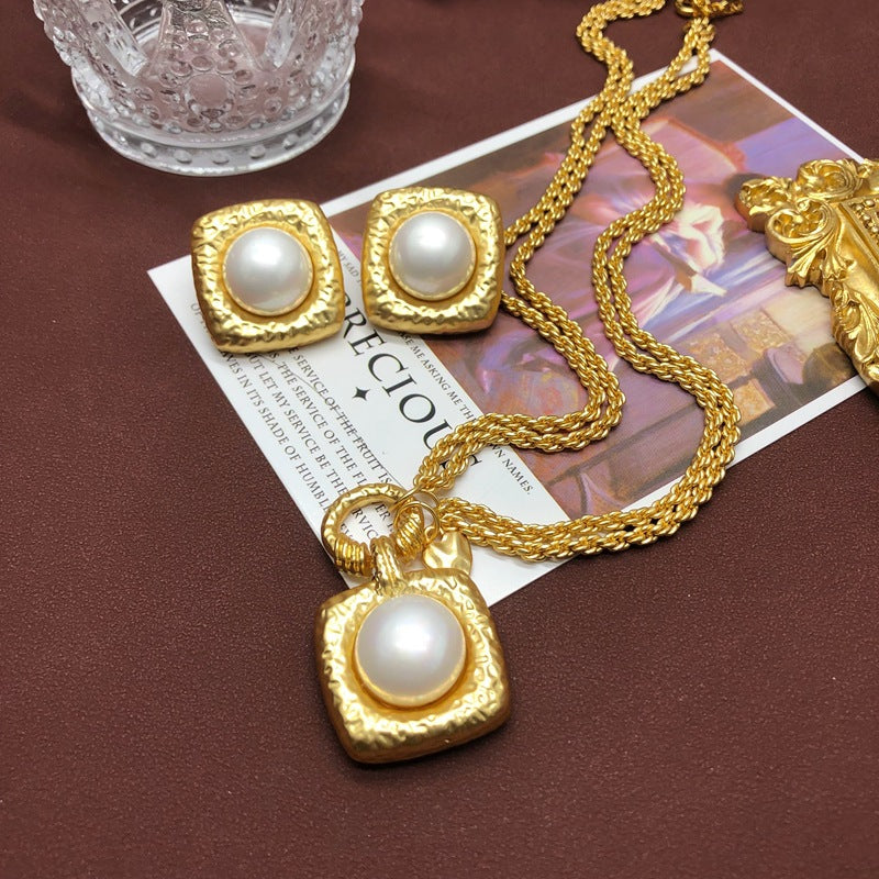 Square Vintage Pendant White Akoya Pearl Luxury 18k Vermeil Gold Plated Necklace Earrings Jewelry Set | Mix Mix Style-Mix MIx Style