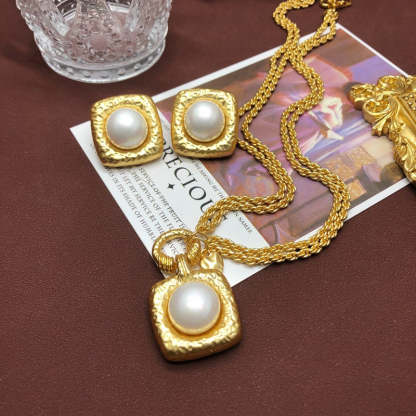 Square Vintage Pendant White Akoya Pearl Luxury 18k Vermeil Gold Plated Necklace Earrings Jewelry Set | Mix Mix Style-Mix MIx Style