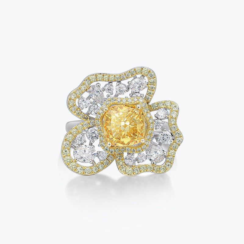 Yellow Retro Flower Cushion Cut Moissanite Diamond 18k White Gold Engagement Ring | Mix Mix Style-Mix MIx Style
