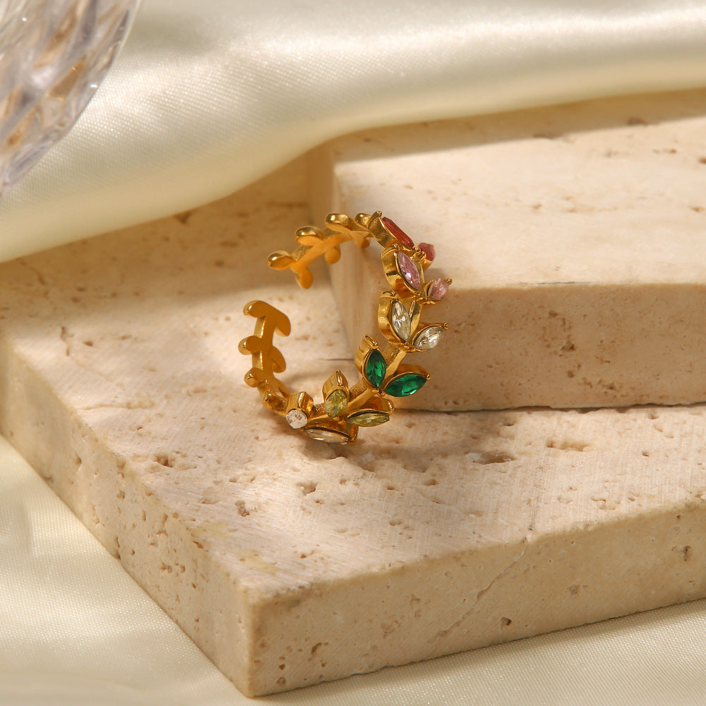INS Internet celebrity 18K gold-plated European and American inlaid zircon leaf open ring female fashion all-match titanium steel ring-Mix MIx Style