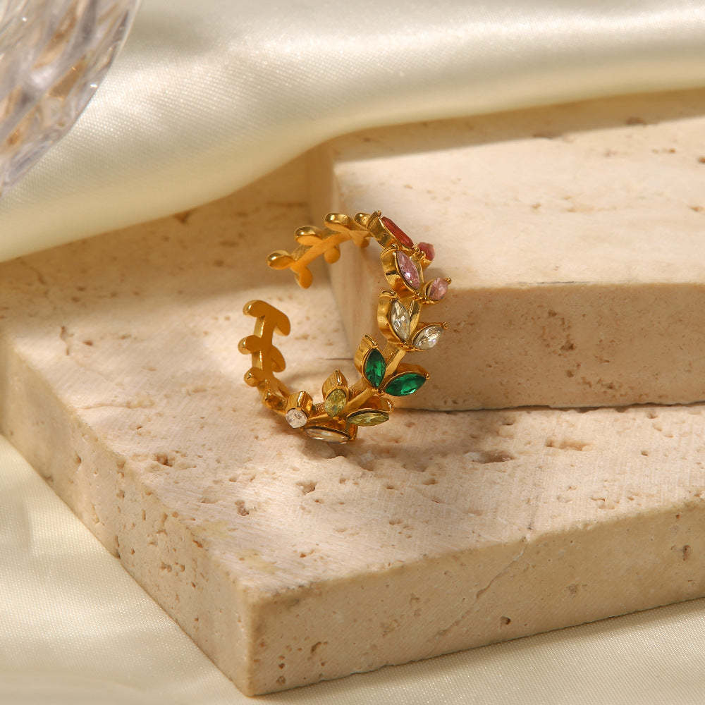 INS Internet celebrity 18K gold-plated European and American inlaid zircon leaf open ring female fashion all-match titanium steel ring-Mix MIx Style