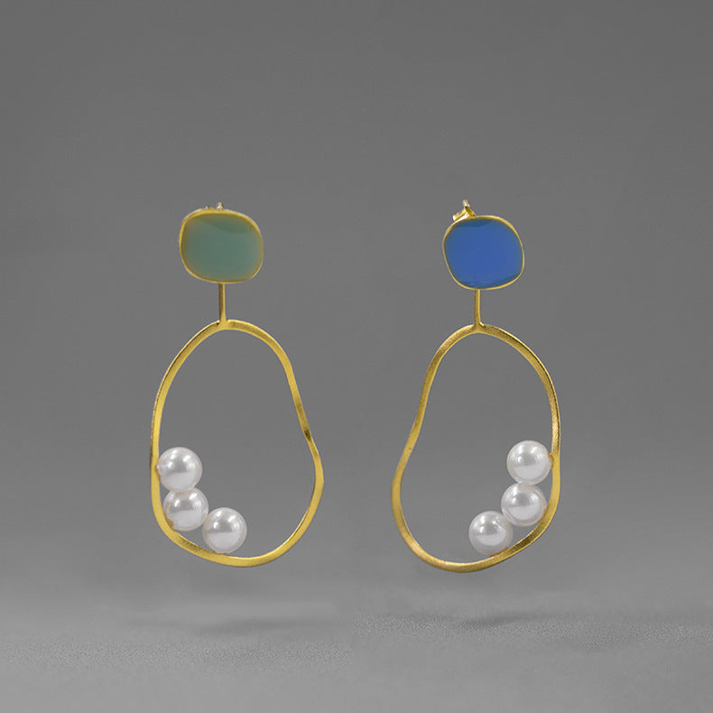 Irregular Green - Blue Minimalist Akoya Pearls Moissanite Diamonds 18k White/Vermeil Gold Plated Drop Earrings | Mix Mix Style-Mix MIx Style