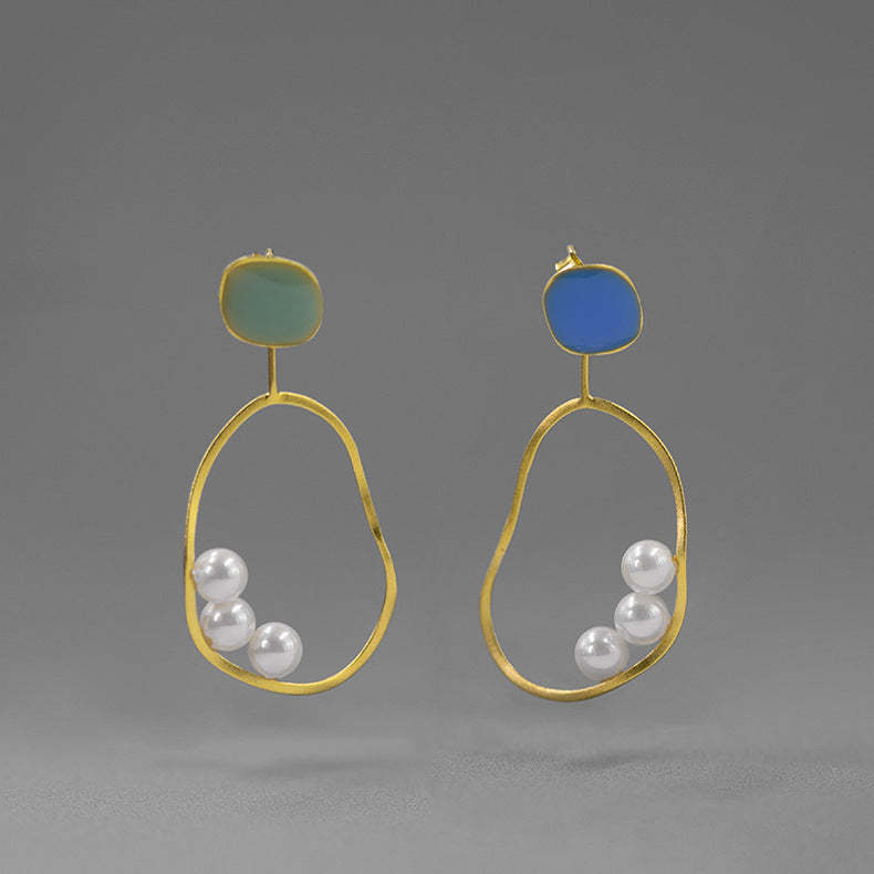 Irregular Green - Blue Minimalist Akoya Pearls Moissanite Diamonds 18k White/Vermeil Gold Plated Drop Earrings | Mix Mix Style-Mix MIx Style