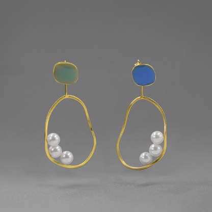 Irregular Green - Blue Minimalist Akoya Pearls Moissanite Diamonds 18k White/Vermeil Gold Plated Drop Earrings | Mix Mix Style-Mix MIx Style