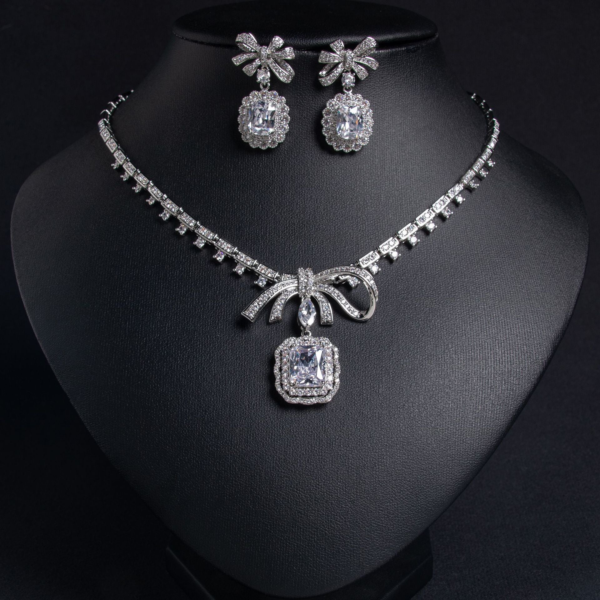Korean cross-border new bridal jewelry casual women's bow pendant zircon earrings necklace dress jewelry set-Mix MIx Style