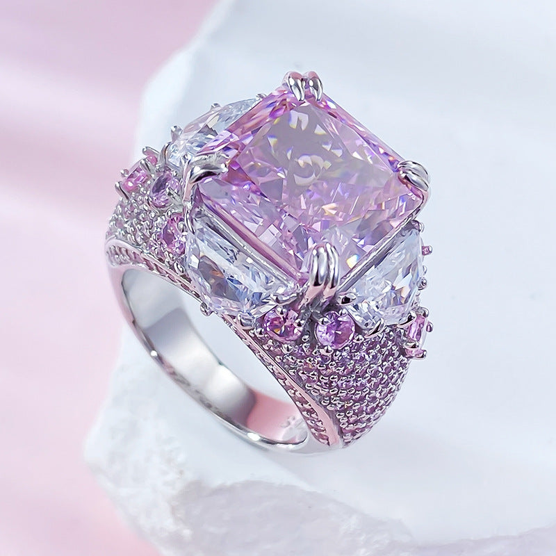 Mujing Jewelry European 5ct and American new S925 sterling silver 12*12 imported high carbon diamond pink diamond fashion luxury inlaid ring for women-Mix MIx Style
