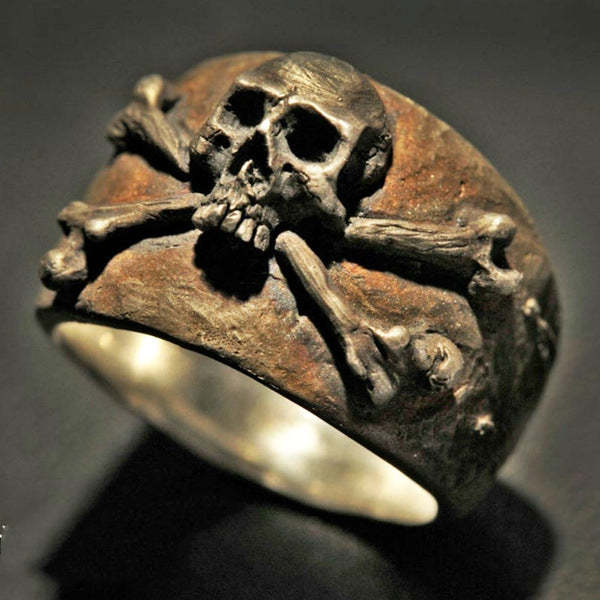 Antique Pirate Skull 18k White Gold Plated Rust Style Chunky Ring | Mi