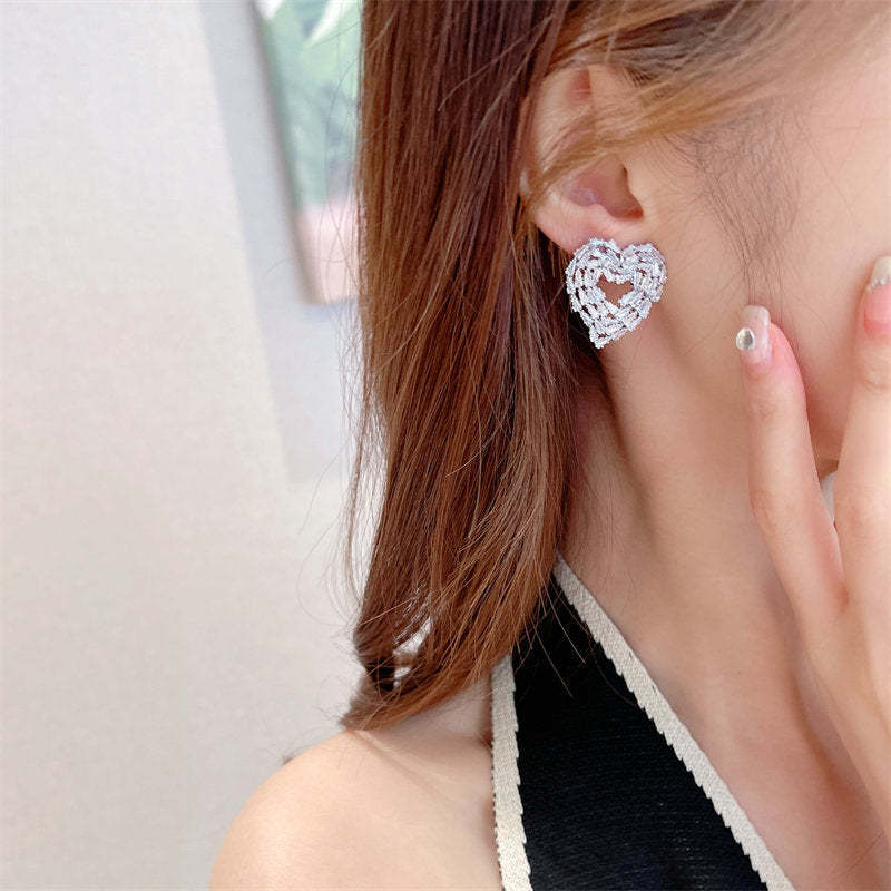 Korean style new earrings trendy niche design silver needle earrings trapezoidal zircon inlaid hollow love-shaped earrings-Mix MIx Style