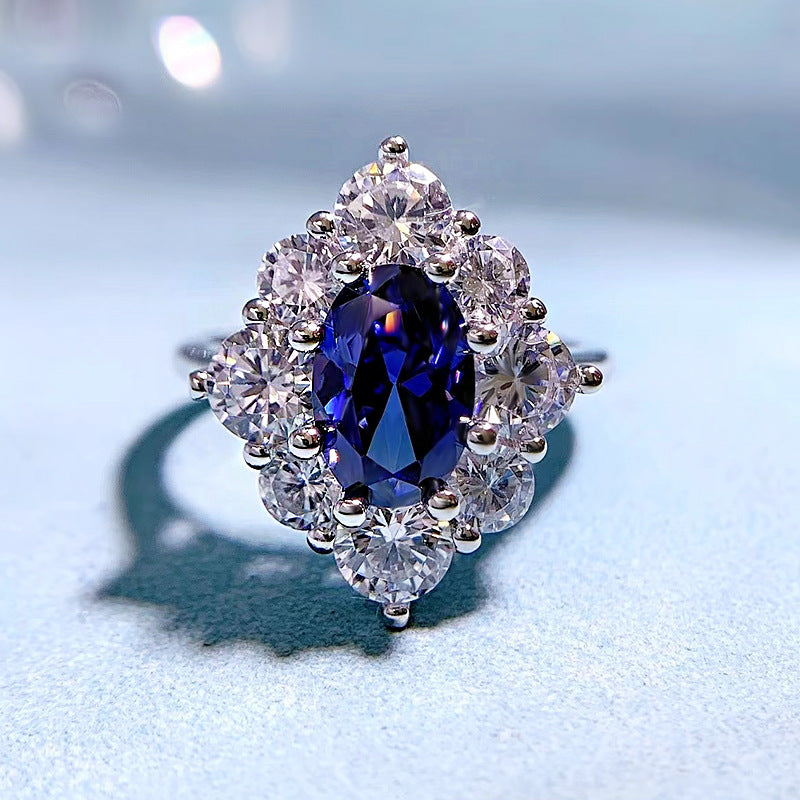 Fashion Royal Blue Oval Cut Moissanite Diamond 2.5ct 18k White Gold Engagement Ring | Mix Mix Style-Mix MIx Style