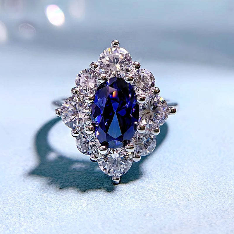 Fashion Royal Blue Oval Cut Moissanite Diamond 2.5ct 18k White Gold Engagement Ring | Mix Mix Style-Mix MIx Style