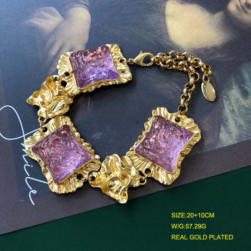 Square Pink Vintage Retro Elegant Luxury 18k Gold Plated Necklace Earring Bracelet Jewelry Set | Mix Mix Style-Mix MIx Style