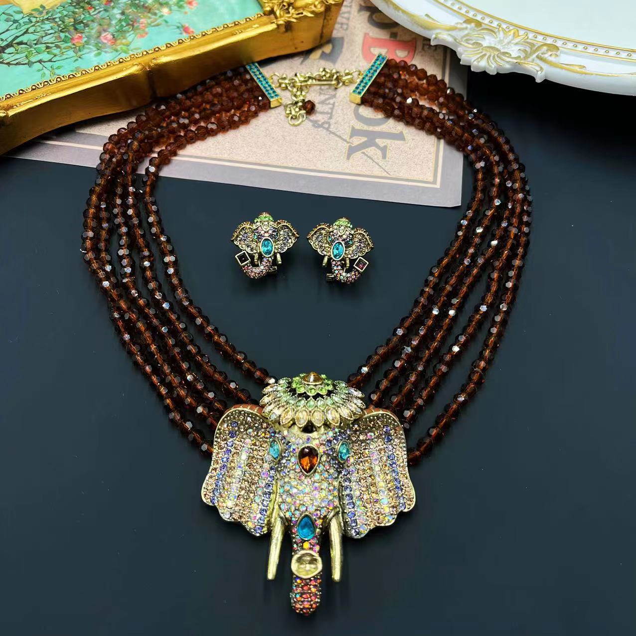 Brown Multilayer Beads Vintage Elephant Pendant Micro Diamonds Luxury 18k Gold Plated Necklace Earrings Jewelry Set | Mix Mix Style-Mix MIx Style