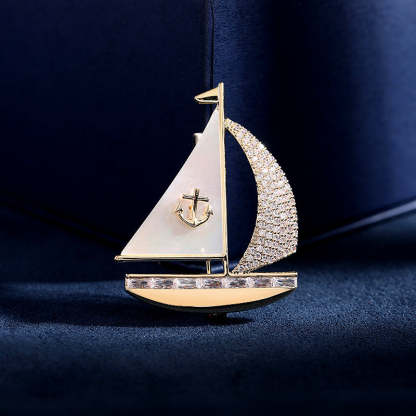 Korean style fashionable autumn and winter clothing accessories mother-of-pearl zircon inlaid high-end brooch Smooth sailing creative design sailing brooch-Mix MIx Style