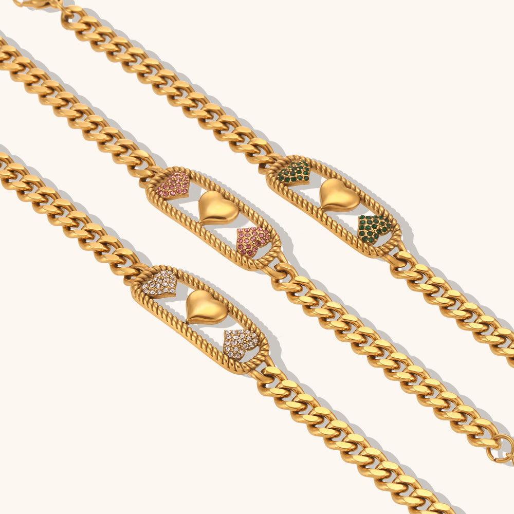 Thick Chain Retro Classic Hearts Pink Diamonds Luxury 18k Vermeil Gold Plated Necklace Jewelry | Mix Mix Style-Mix MIx Style