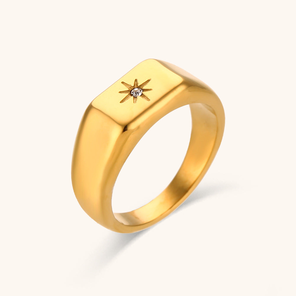Star Simple Retro Classic Square Thick Diamonds Elegant 18kVermeil Gold Plated Ring Jewelry | Mix Mix Style-Mix MIx Style