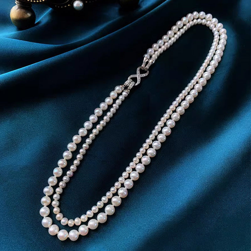 Double-Layer Vintage Retro White Akoya Pearls Elegant 18k Gold Plated Necklace Jewelry Set | Mix Mix Style-Mix MIx Style