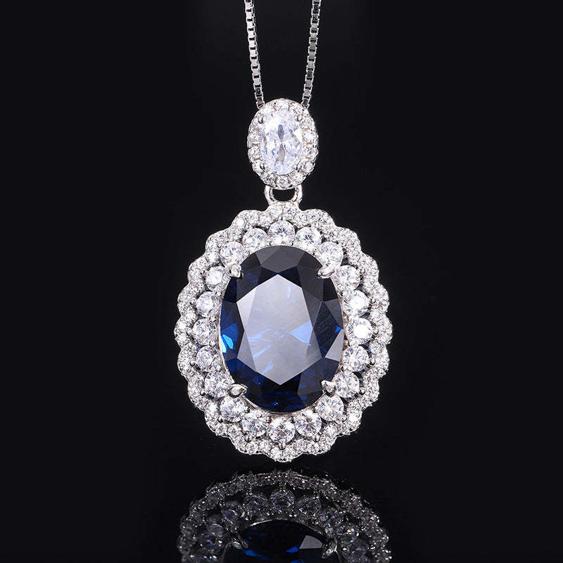 S925 silver European and American fashion set Douyin hot sale simulated sapphire blue dan-shaped pendant ring 16*12 earrings 6*8-Mix MIx Style