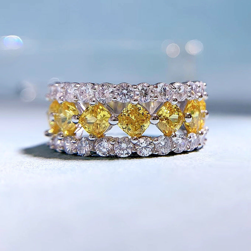 Double Row Yellow Cushion Cut Moissanite Diamonds 18k White Gold Plated Engagement Ring | Mix Mix Style-Mix MIx Style