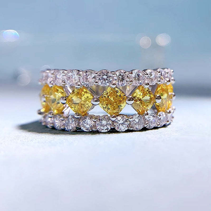 Double Row Yellow Cushion Cut Moissanite Diamonds 18k White Gold Plated Engagement Ring | Mix Mix Style-Mix MIx Style