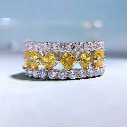 Double Row Yellow Cushion Cut Moissanite Diamonds 18k White Gold Plated Engagement Ring | Mix Mix Style-Mix MIx Style