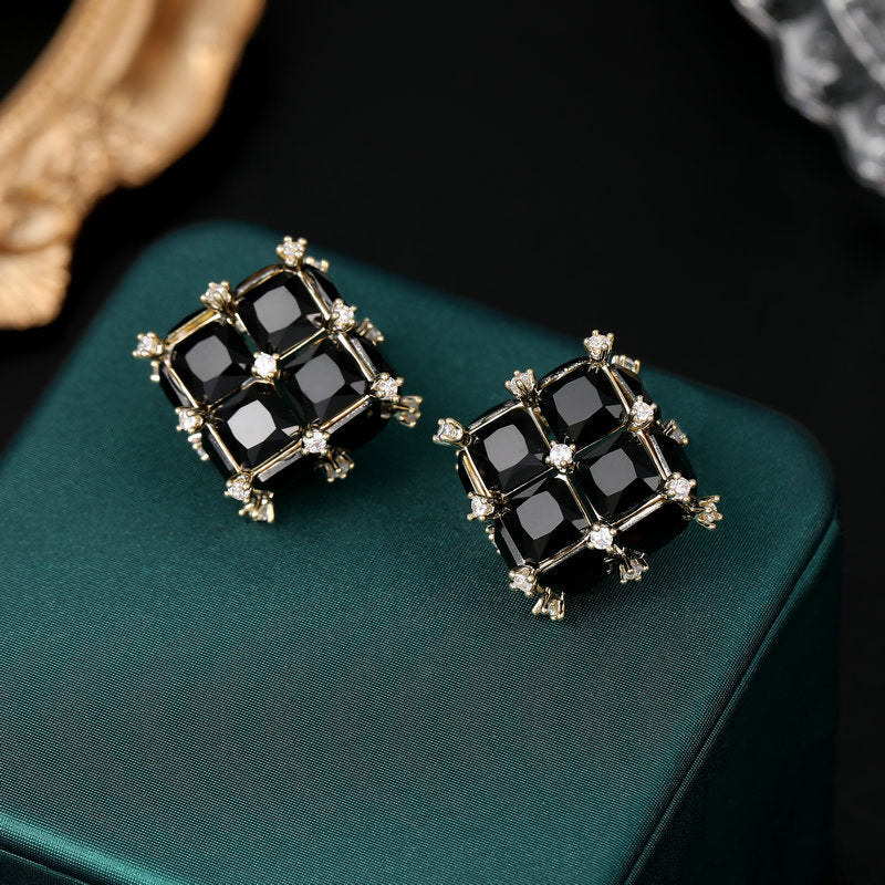 s925 silver needle light luxury high-end earrings wholesale niche design Korean style trendy geometric three-dimensional square crystal earrings-Mix MIx Style