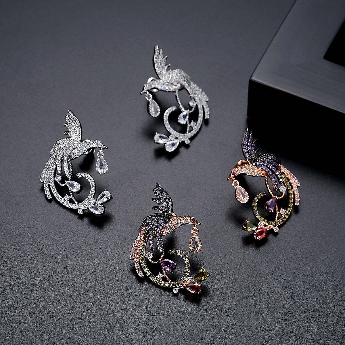 Embellished Bird Multicolor Moissanite Diamonds 18k White Gold Plated Vintage Retro Drop Earrings | Mix Mix Style-Mix MIx Style