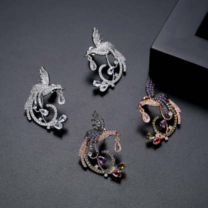 Embellished Bird Multicolor Moissanite Diamonds 18k White Gold Plated Vintage Retro Drop Earrings | Mix Mix Style-Mix MIx Style