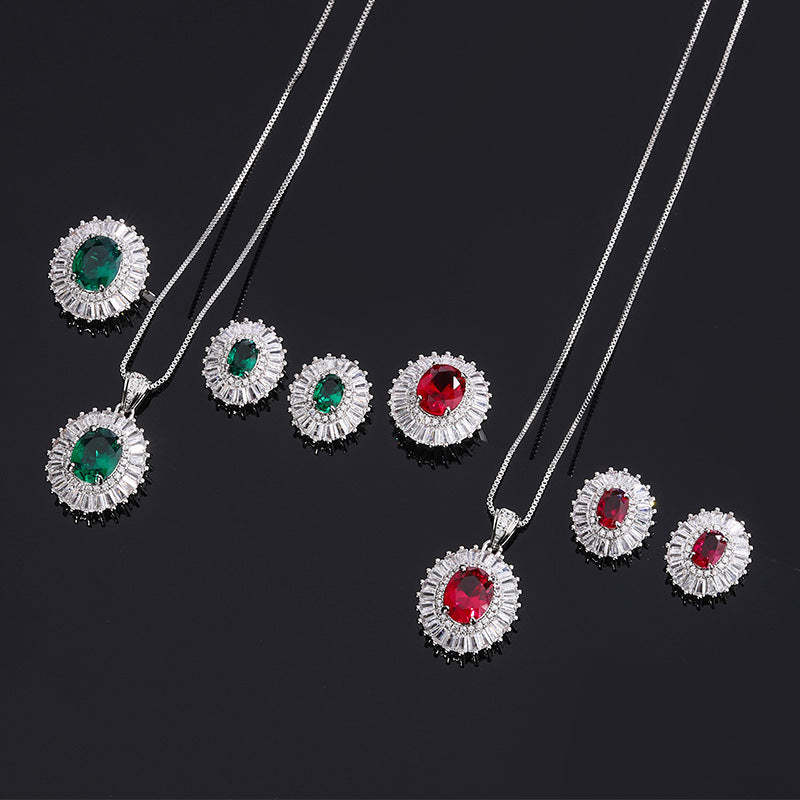 Green & Pink Retro Classic Pendant Oval Diamond Luxury 18k White Gold Plated Necklace Earring Ring Jewelry Set | Mix Mix Style-Mix MIx Style