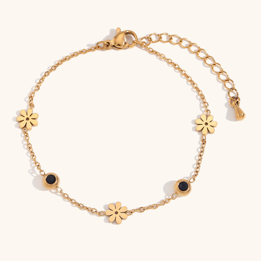 European and American cross-border hot selling double-sided black and white diamond flower fashion simple light luxury stainless steel 18K gold plated bracelet-Mix MIx Style