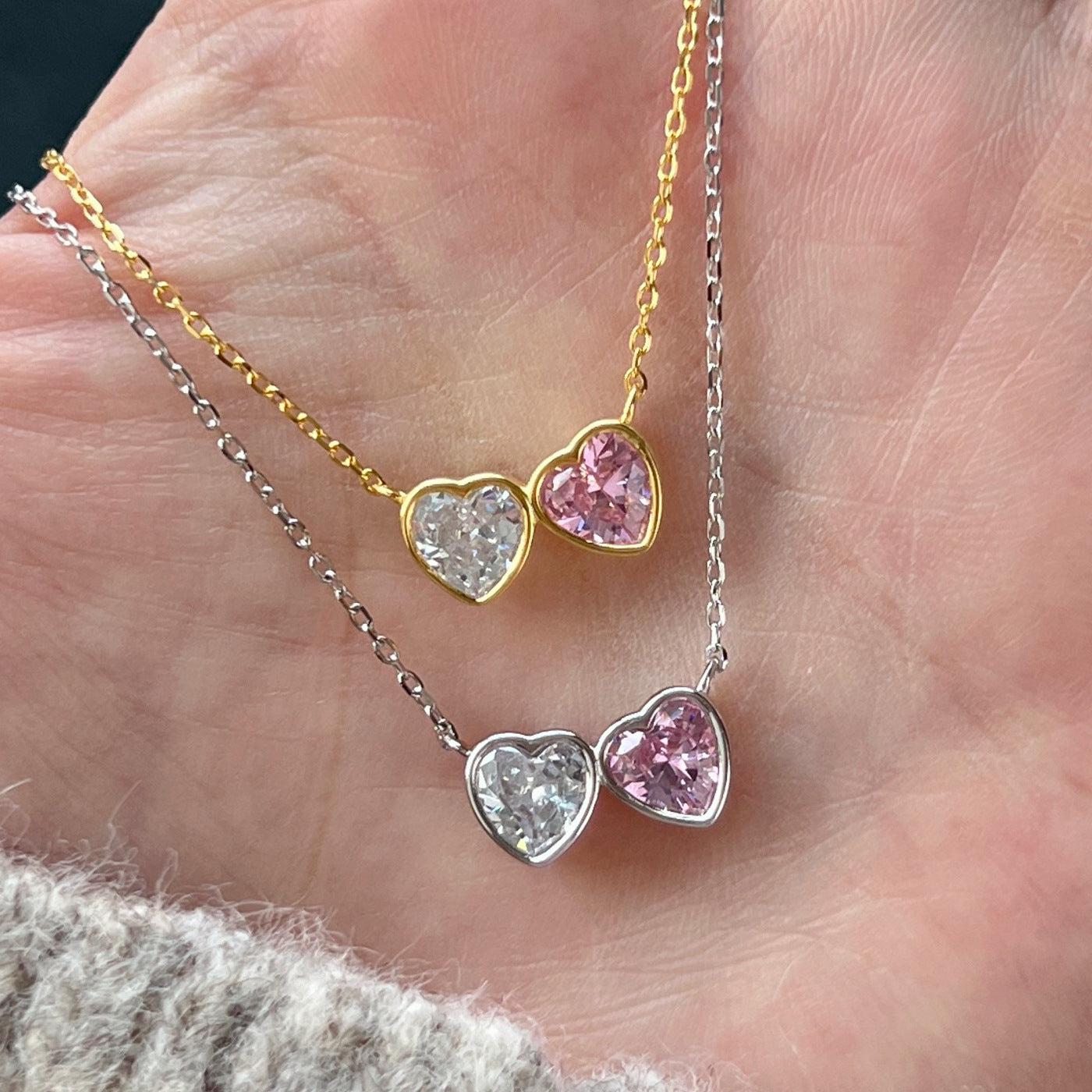 Linlang S925 sterling silver double heart necklace for women, exquisite and cute design, heart-shaped zircon pendant, clavicle chain, simple silver jewelry-Mix MIx Style