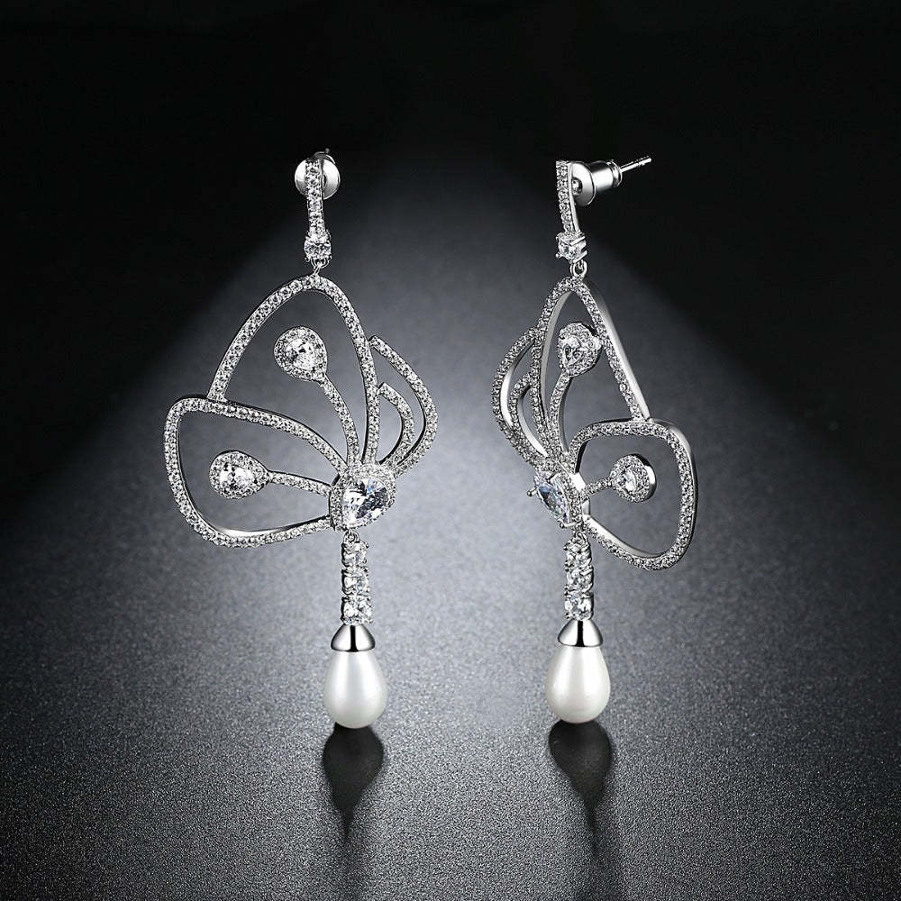 Jinse Large Butterfly Earrings Copper Inlaid Colored Zircon Earrings New European and American Fashion Pearl Ear Jewelry Manufacturer-Mix MIx Style