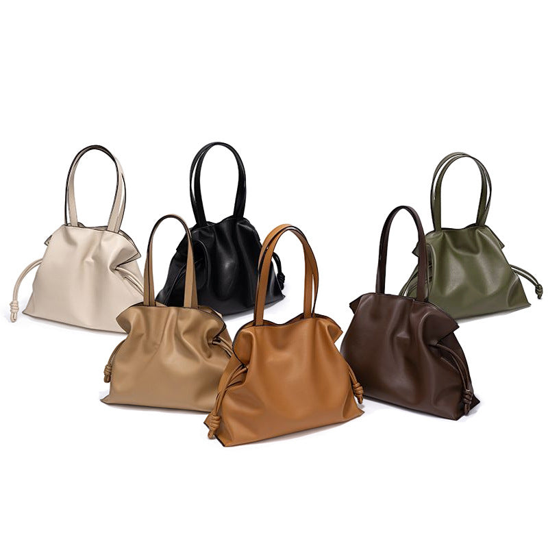 Bags new cowhide blessing bag leather women's bag pleated shoulder bag drawstring large bag | Mix Mix Style [Hot Seller]-Mix MIx Style