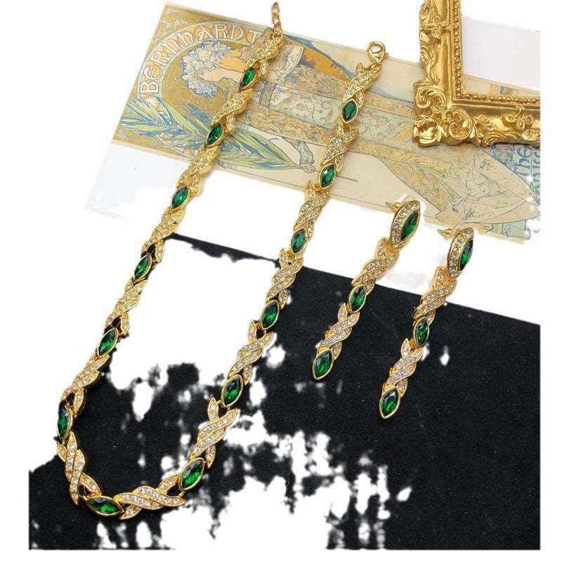 Green Vintage Classic Marquise Diamond Luxury 18k Vermeil Gold Plated Necklace Earrings Jewelry Set | Mix Mix Style-Mix MIx Style