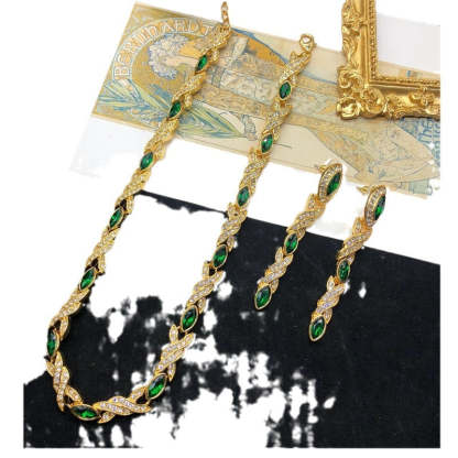 Green Vintage Classic Marquise Diamond Luxury 18k Vermeil Gold Plated Necklace Earrings Jewelry Set | Mix Mix Style-Mix MIx Style