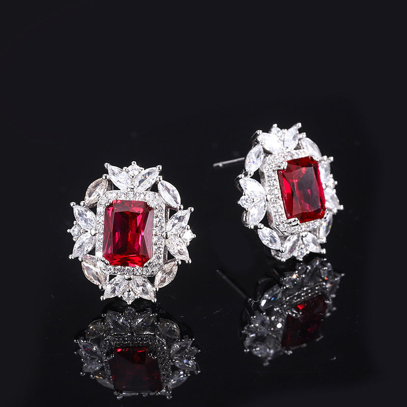 Douyin popular simulation red corundum square set pendant 8*16 ring 12*14 earrings 6*8 silver S925-Mix MIx Style
