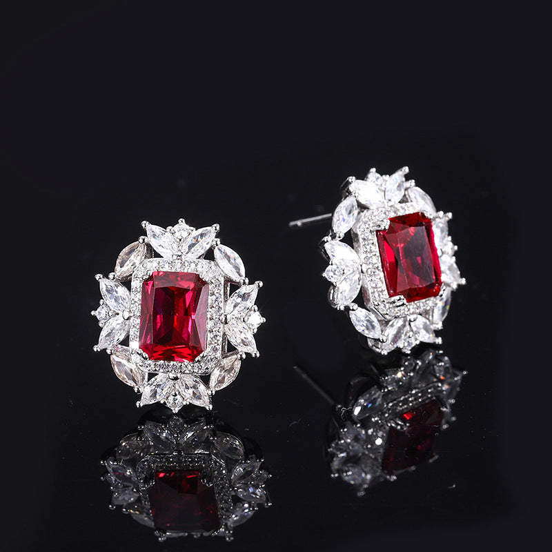 Douyin popular simulation red corundum square set pendant 8*16 ring 12*14 earrings 6*8 silver S925-Mix MIx Style