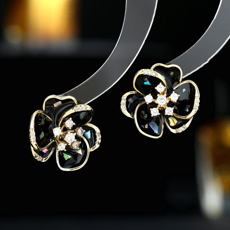 s925 silver needle niche flower earrings trendy fashion commuting daily wear zircon oil drop three-dimensional camellia earrings-Mix MIx Style