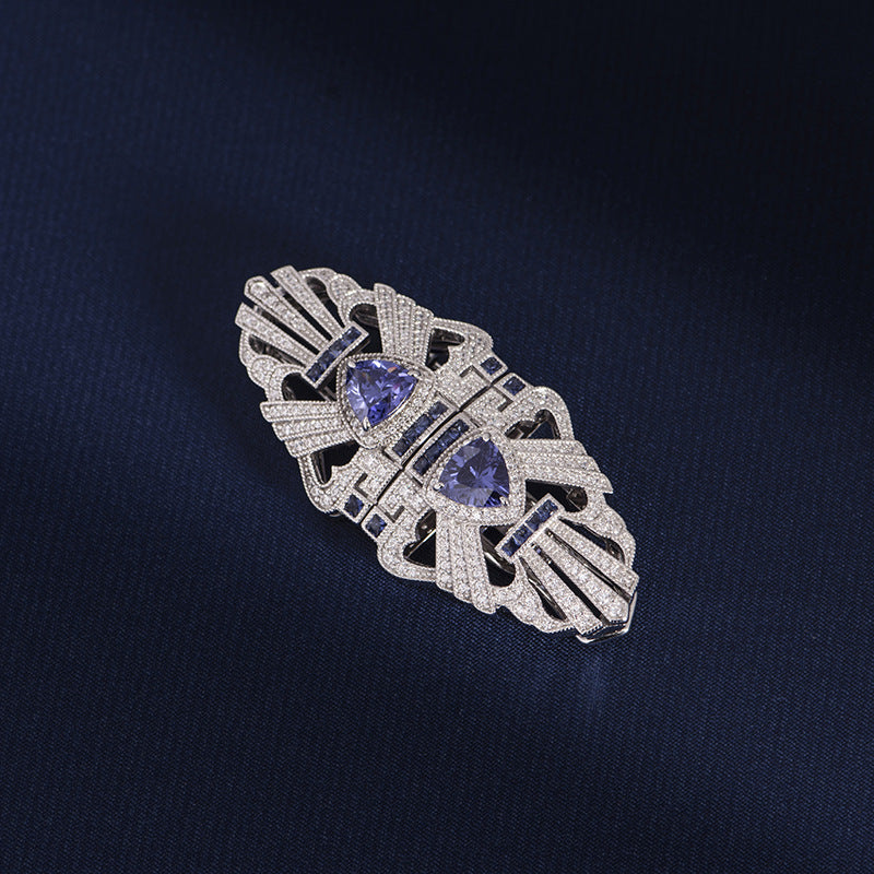 New Tanzanite blue retro silk scarf buckle S925 sterling silver gold-plated detachable double clip brooch wholesale-Mix MIx Style