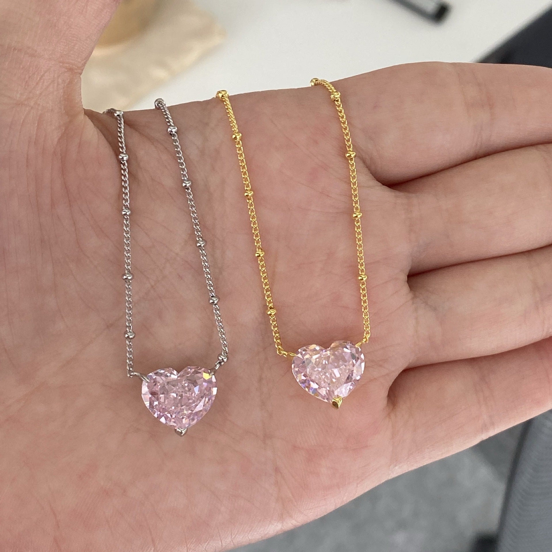 Live s925 sterling silver high carbon diamond necklace female ice flower cut pink heart-shaped pendant green diamond high-grade clavicle chain-Mix MIx Style