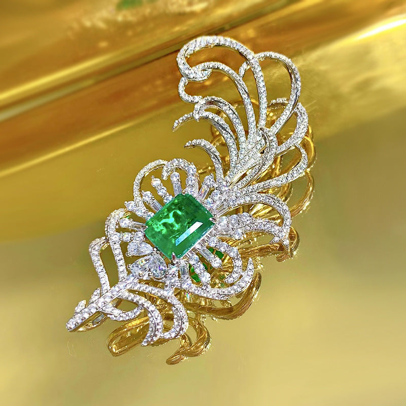 Mujing Jewelry 2022 New Style 925 Silver 10*12 Simulated Emerald Feather Brooch Pendant Luxuriously Inlaid Back Cover Design-Mix MIx Style