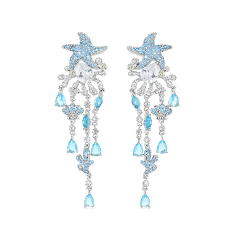 s925 silver needle European and American style light luxury high-end earrings wholesale coral shell starfish water drop long tassel earrings-Mix MIx Style