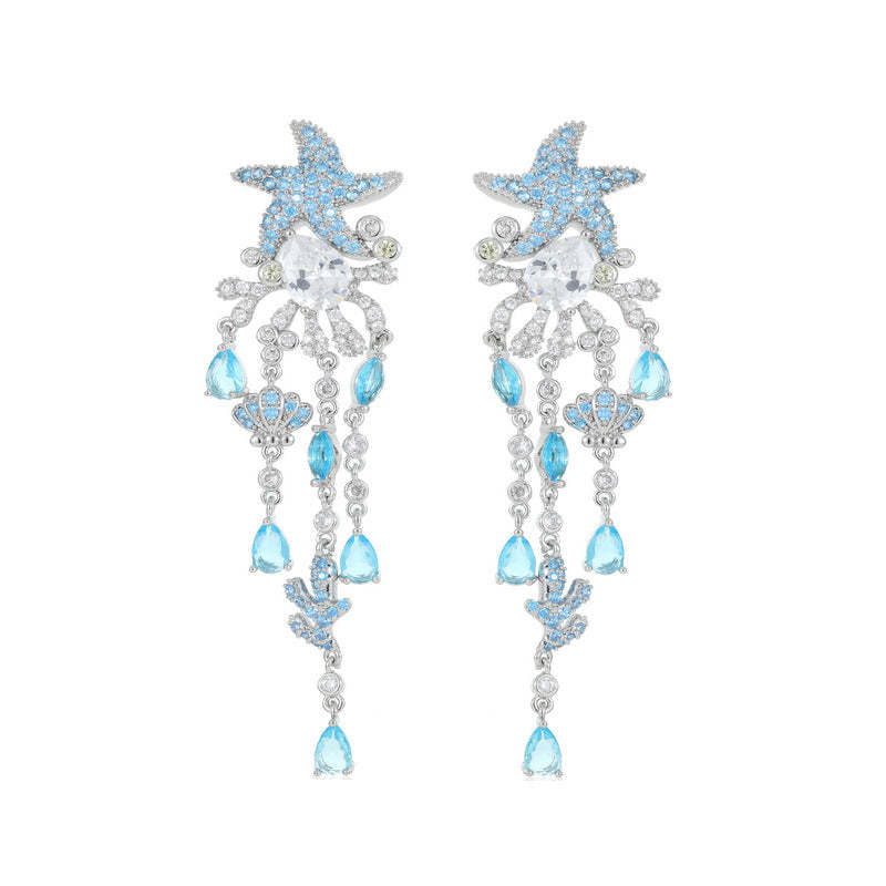 s925 silver needle European and American style light luxury high-end earrings wholesale coral shell starfish water drop long tassel earrings-Mix MIx Style