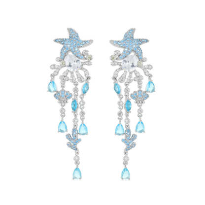 s925 silver needle European and American style light luxury high-end earrings wholesale coral shell starfish water drop long tassel earrings-Mix MIx Style