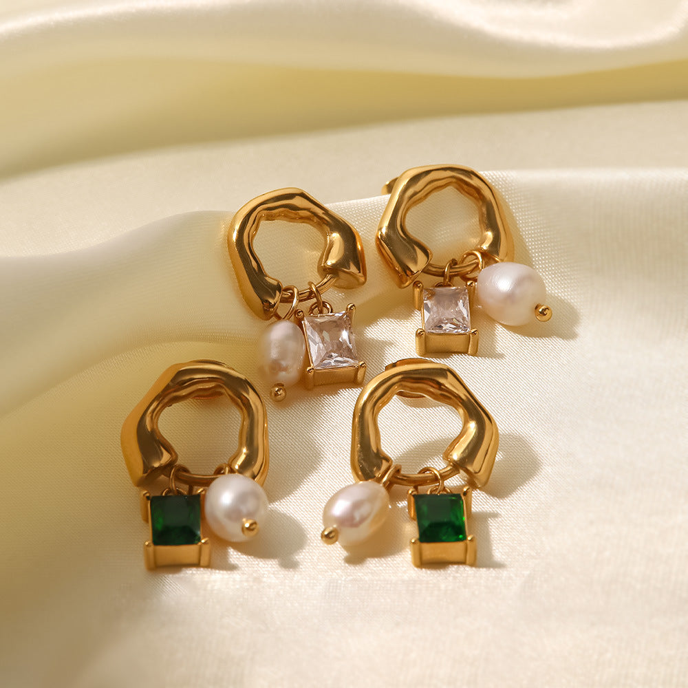 White Akoya Pear & Radiant Cut Moissanite Diamonds Elegant 18k Vermeil Gold Plated Retro Hoop Earrings | Mix Mix Style-Mix MIx Style