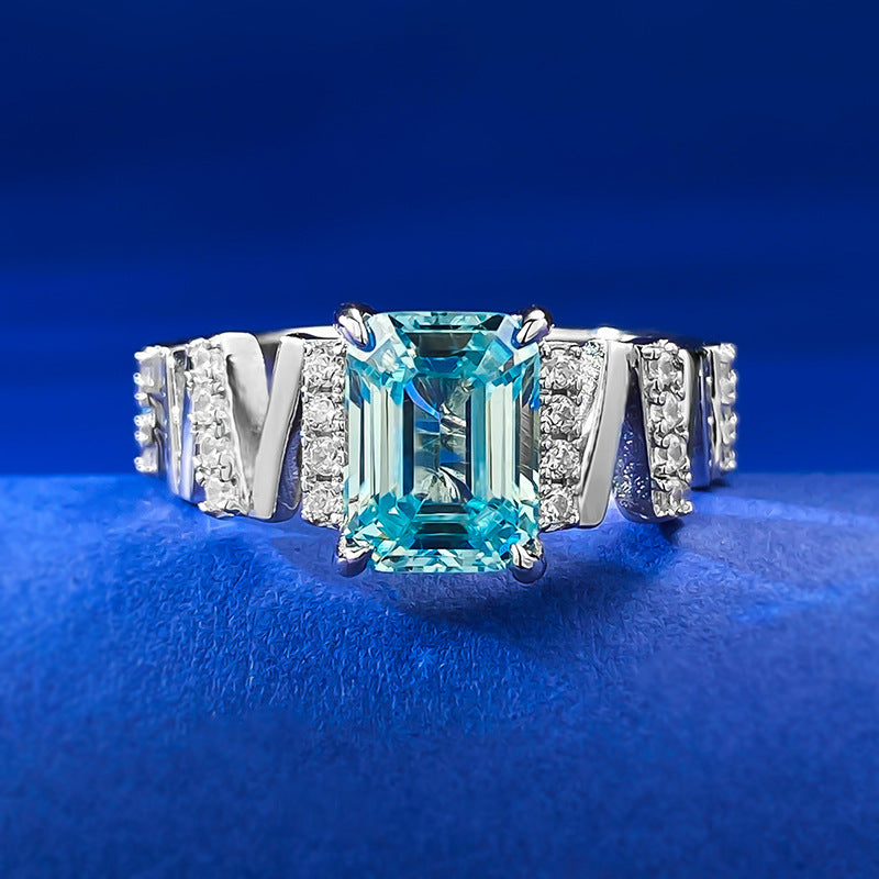 Mu Jing's new S925 silver 6*8 rectangular 3ct car flat light sea blue ring for women simple and atmospheric diamond ring one piece drop shipping-Mix MIx Style