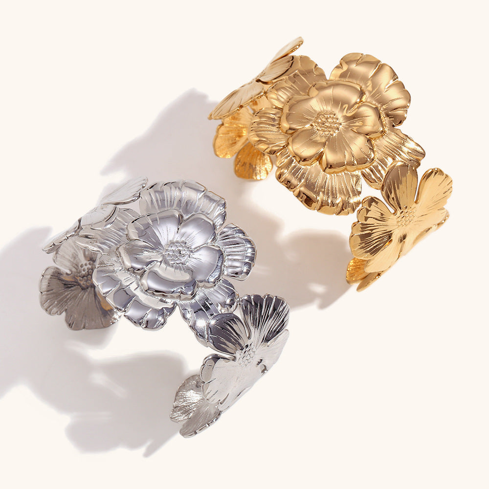 European and American cross-border hot selling fashion personality exaggerated stainless steel plated 18K gold simple open flower bracelet jewelry-Mix MIx Style