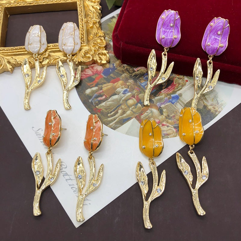 Timeless Purple - Yellow - Orange Tulip Flower Shaped 18k Vermeil Gold Plated Drop Earrings | Mix Mix Style-Mix MIx Style