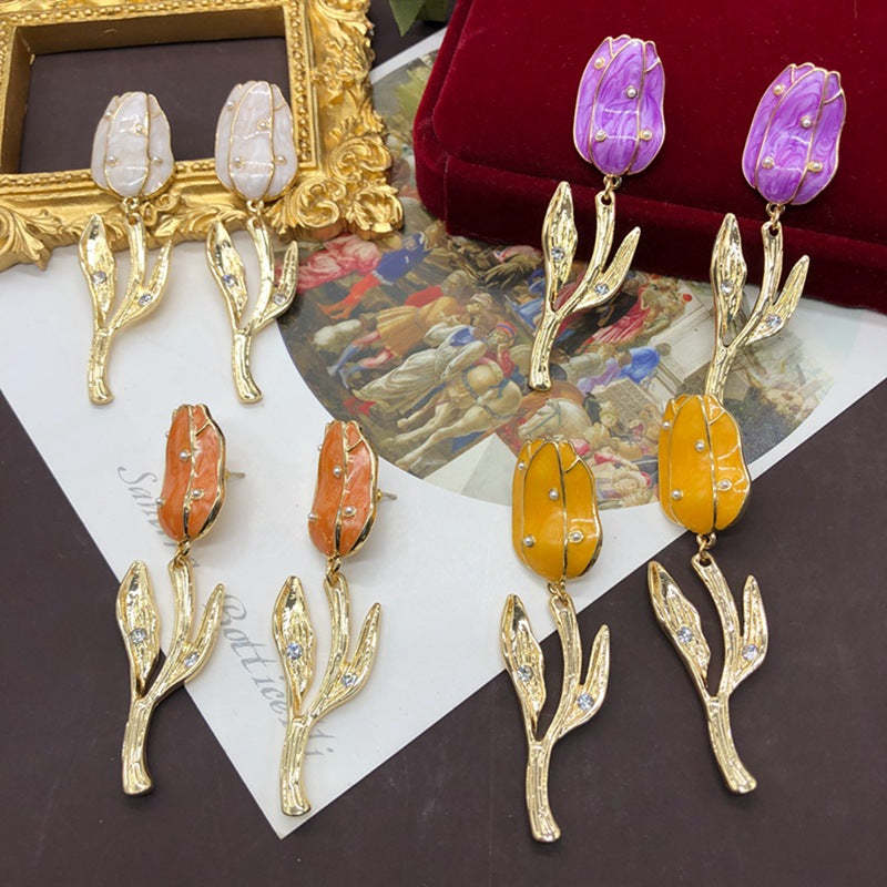 Timeless Purple - Yellow - Orange Tulip Flower Shaped 18k Vermeil Gold Plated Drop Earrings | Mix Mix Style-Mix MIx Style