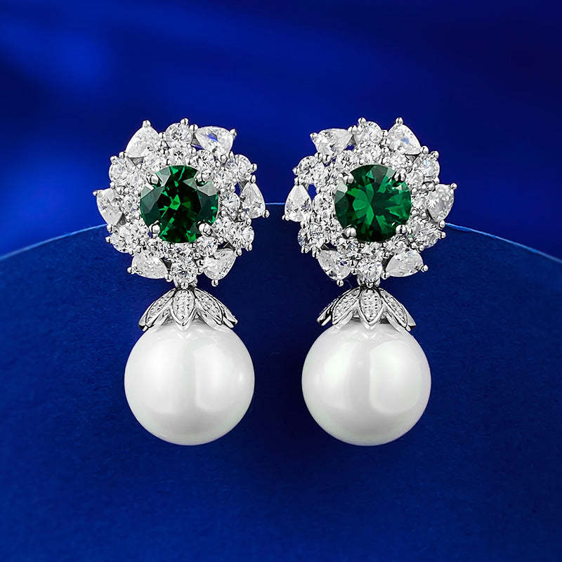 Green & White Akoya Pearl & Round Cushion Moissanite Diamonds 18k Whit